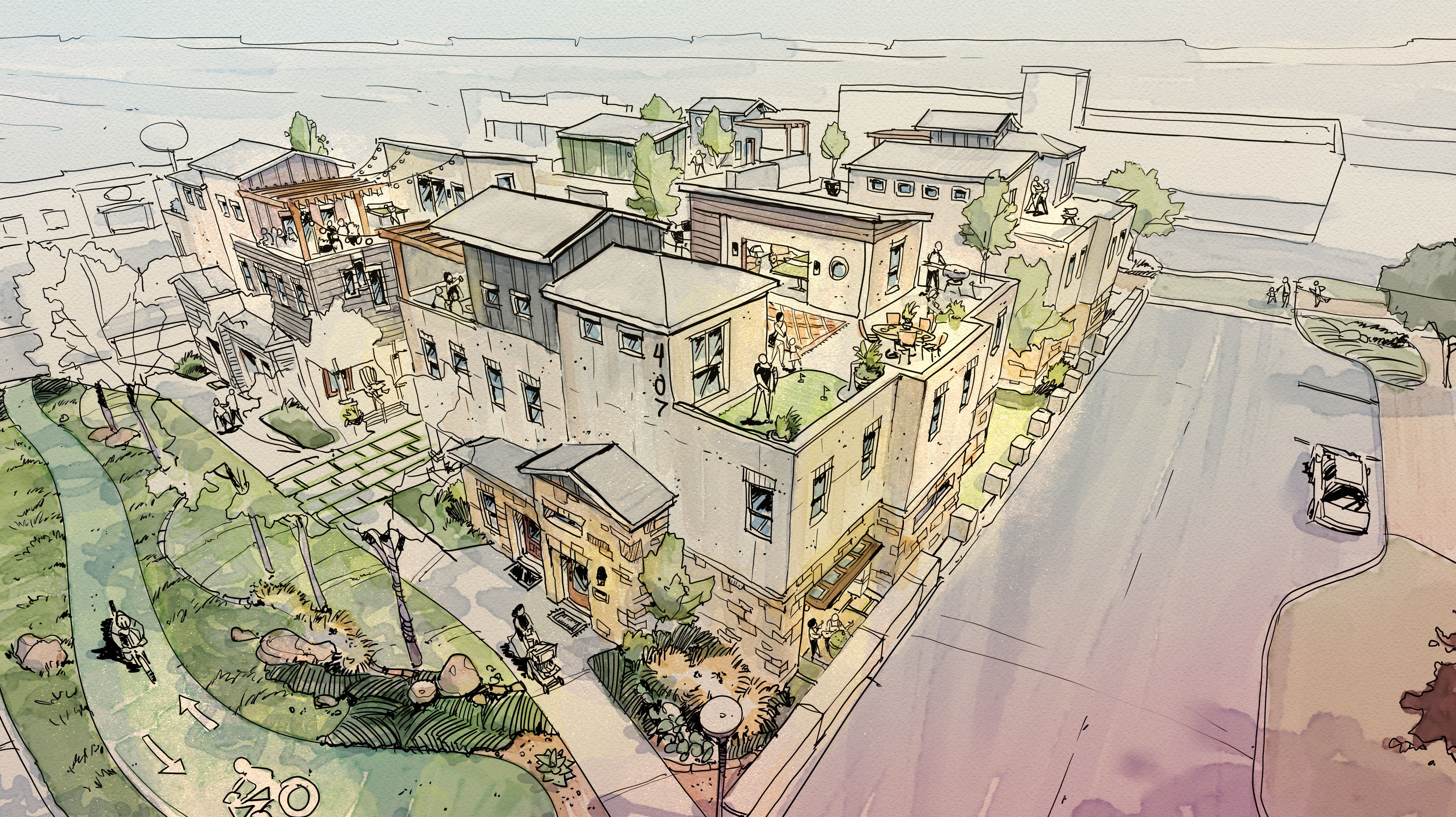 McKinney townhome concept, aerial watercolor