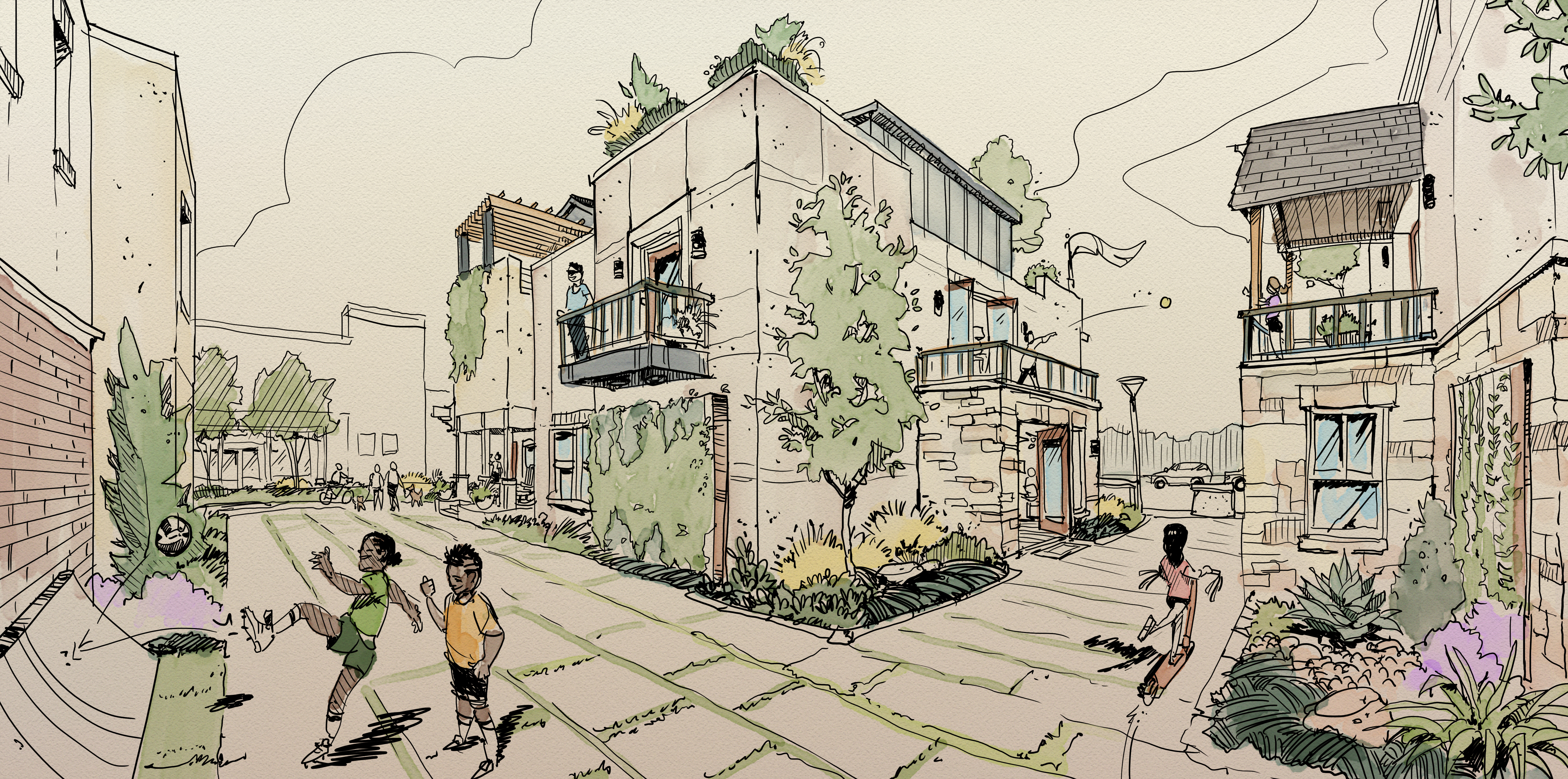 McKinney townhome concept, street-level watercolor