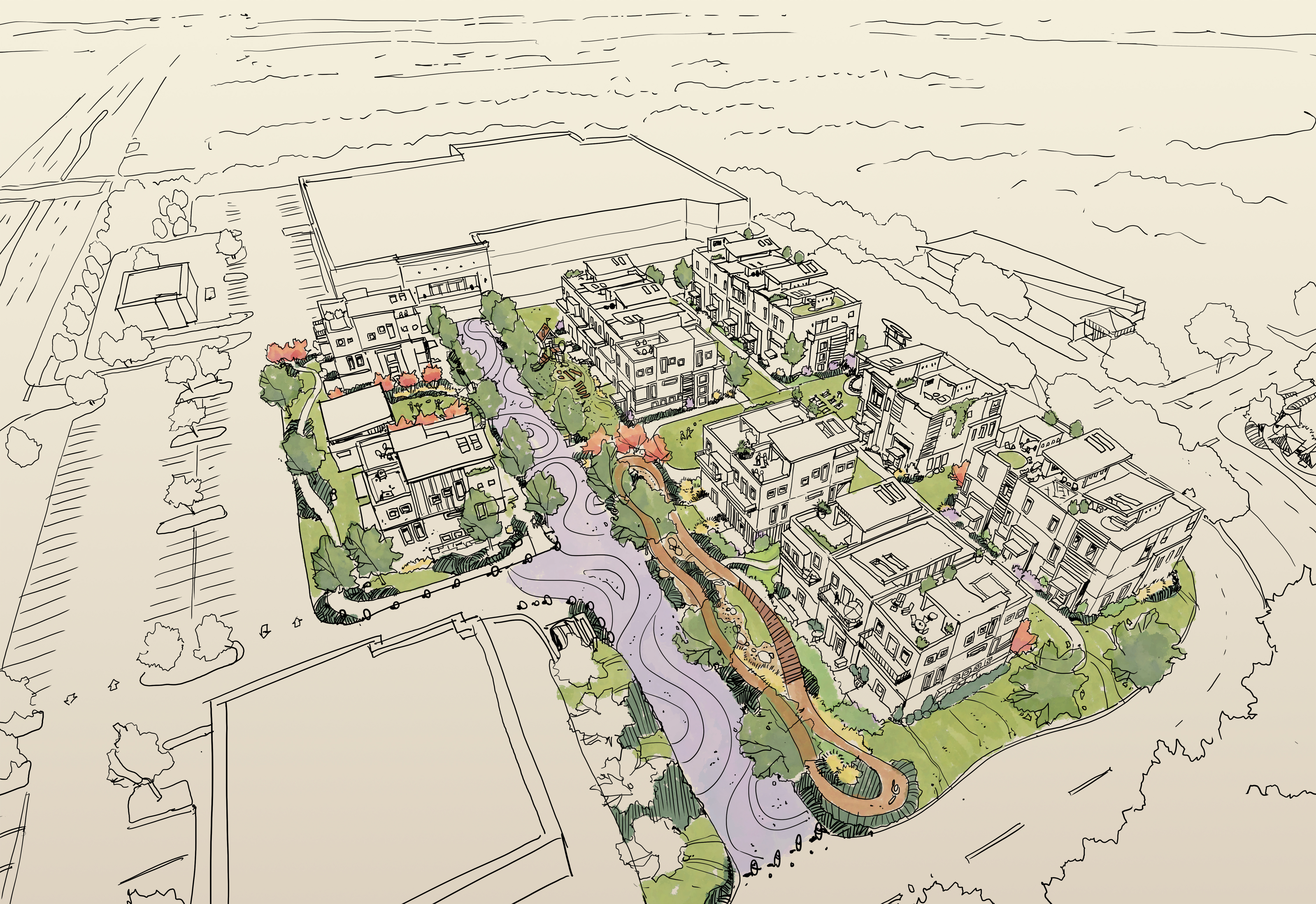 McKinney townhome concept, creekside aerial watercolor